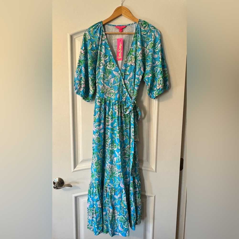 Lilly Pulitzer Blue Green Tiered Brantley Midi Wrap Dress